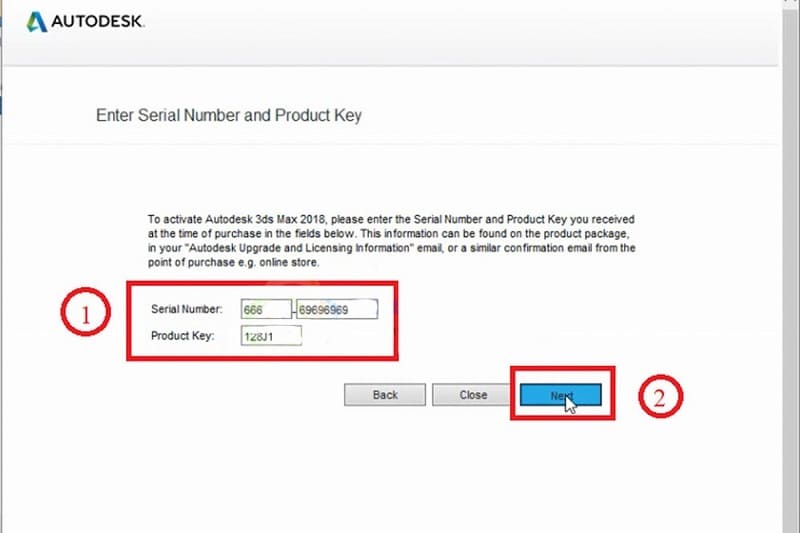 Nhập số serial number và product key